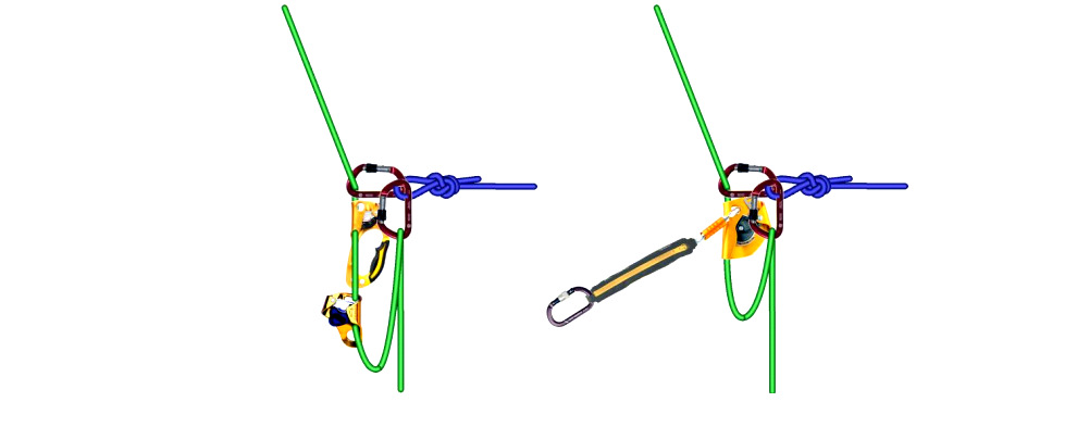 Обе верёвки ниже устройств встегнуть во второй, свободный карабин оттяжки;